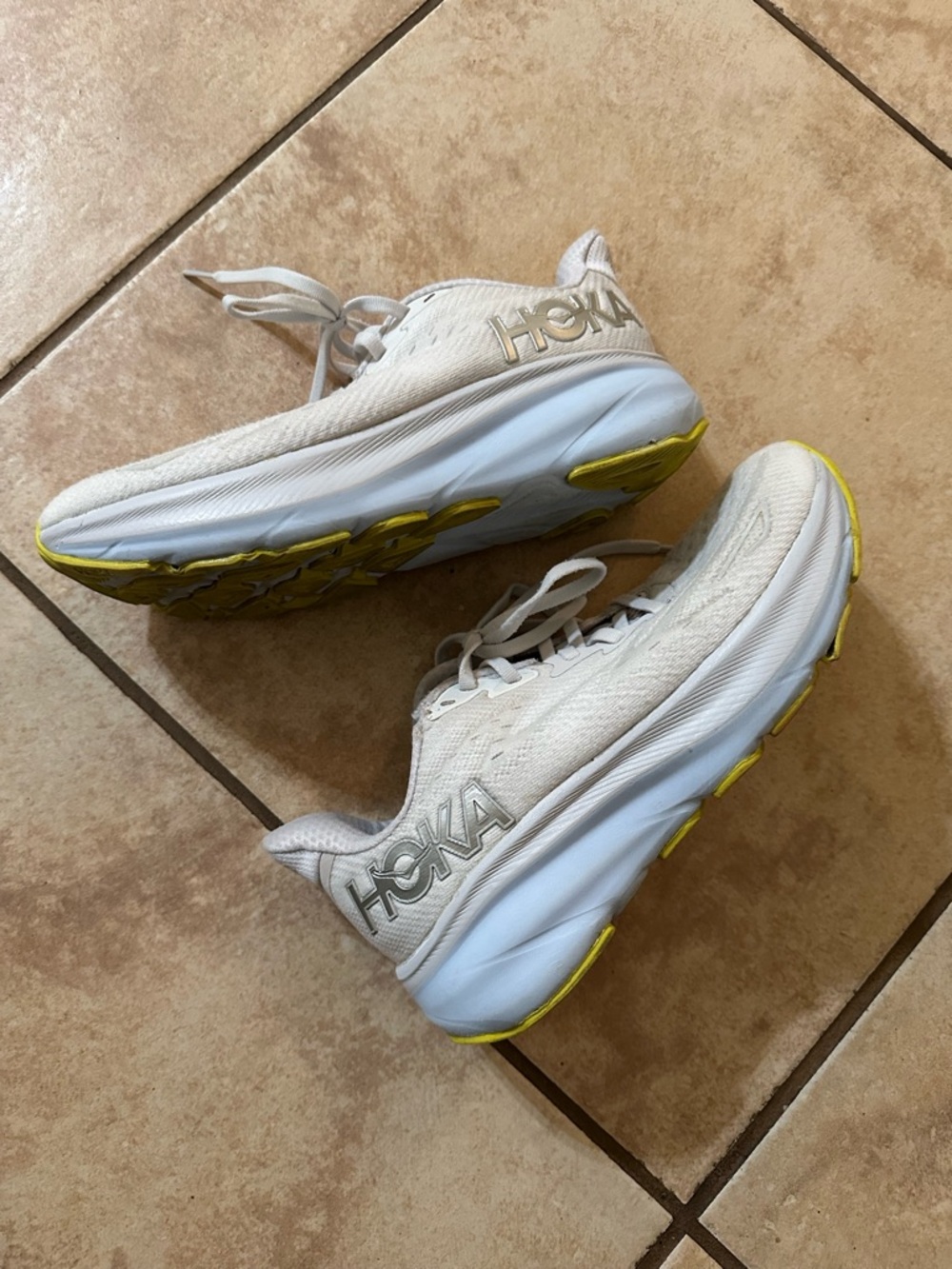 Hoka Women's White Running Sneakers with Yellow Soles
